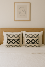 Load image into Gallery viewer, Square Scandi Boho cushion cover in black and cream with a textured geometric tufted design, 40x40cm, made from cotton and mixed fibres.