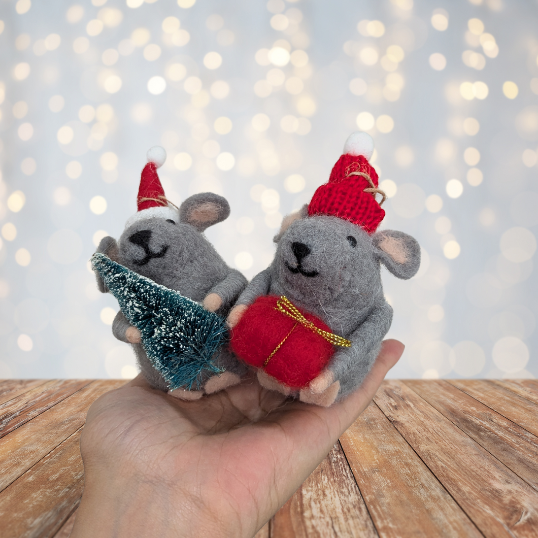 Festive Gifting Mice Felt Decorations