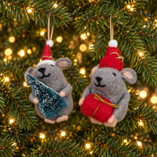Load image into Gallery viewer, Festive Gifting Mice Felt Decorations

