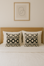 Load image into Gallery viewer, Square Scandi Boho cushion cover in black and cream with a textured geometric tufted design, 40x40cm, made from cotton and mixed fibres.

